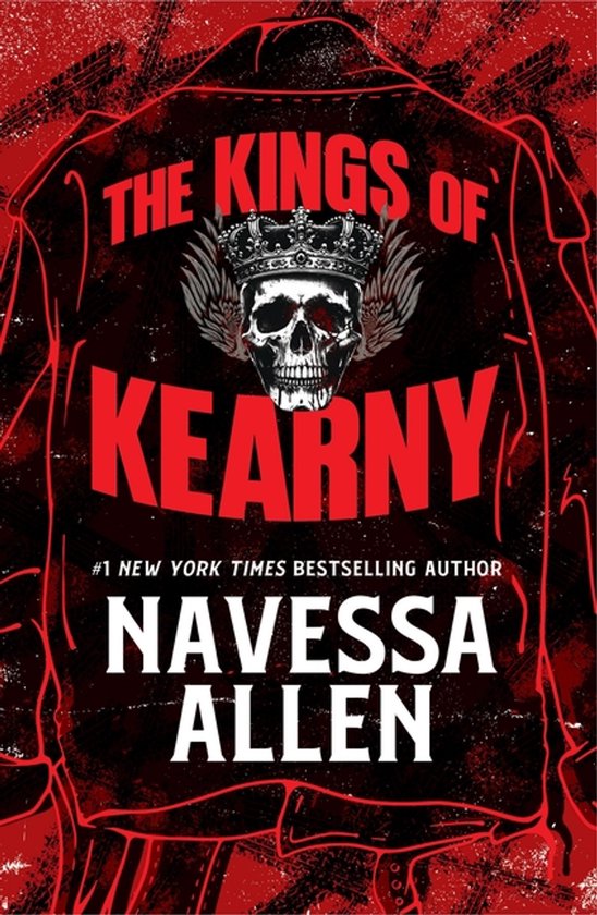 Boekomslag met de titel 'The Kings of Kearny'. Rode tekst op een zwarte, rood gestreepte achtergrond, met een doodskop en kroon.