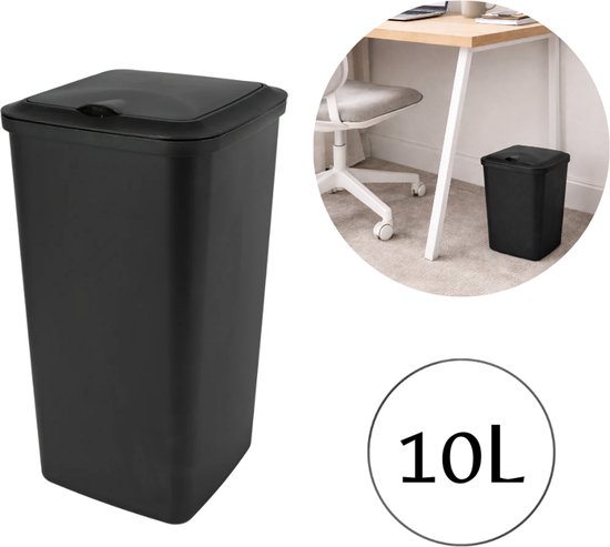 Poubelle rectangulaire noire avec couvercle, avec une photo incrustée d'un coin bureau et indication 10L.