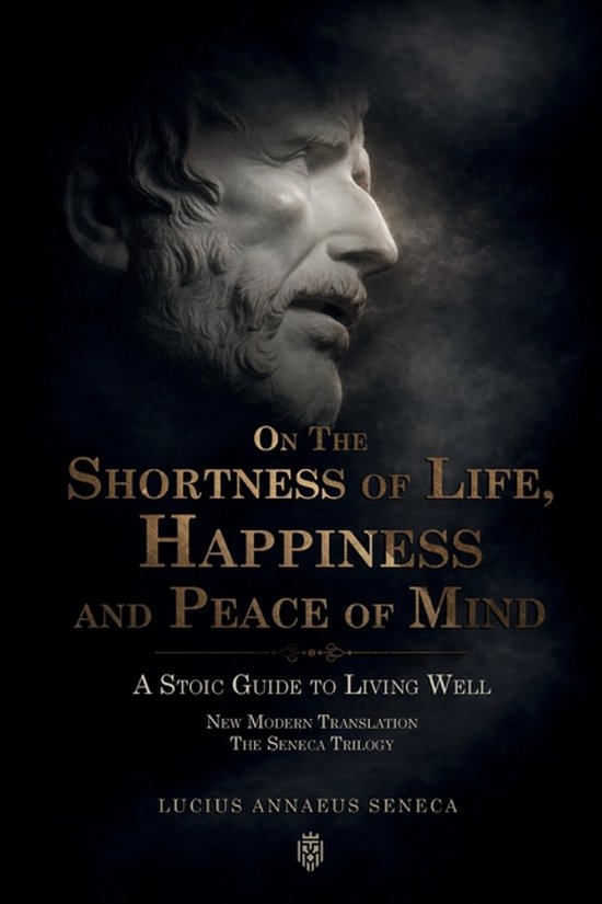 Boekomslag met buste van Seneca in profiel. Titel: 'On the Shortness of Life, Happiness and Peace of Mind'.