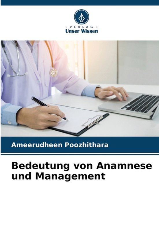 Arts met stethoscoop in paarse jas schrijft op een klembord, laptop ernaast. Titel: Betekenis van anamnese en management.