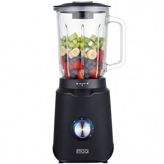 MOA Blender - Smoothie Maker met 1,5L Glazen Kan - Voor Ijs, Bevroren Fruit, Noten - Mini - 1020W - RVS - Zwart