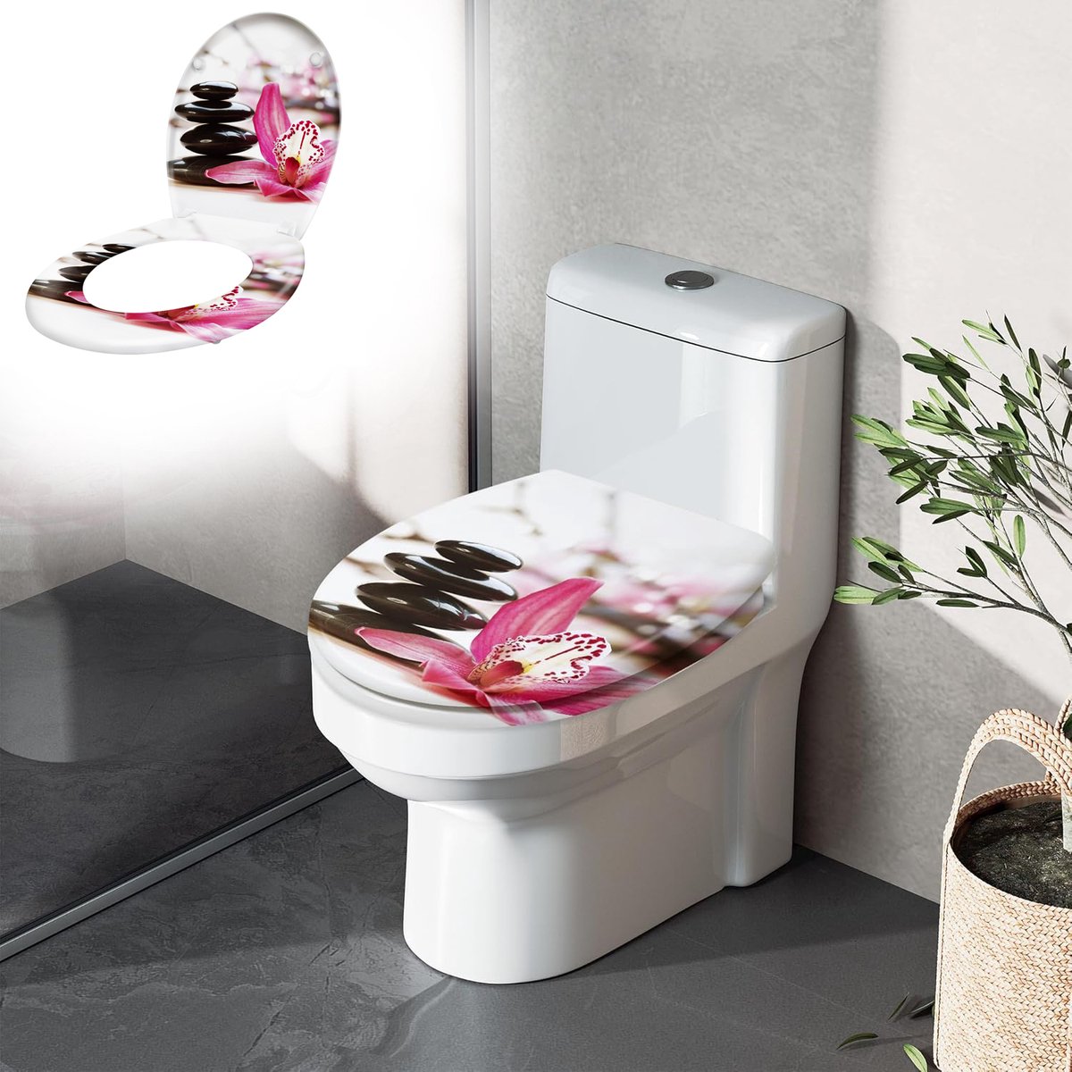 Aufun Toiletbril met Softclose - Rode bloemensteen-kunst - 45 x 38cm - WC-Bril van MDF met Thermohardend Deksel