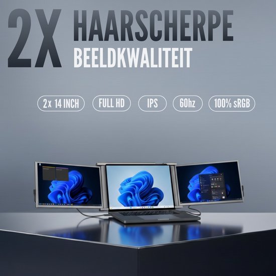 Moniteur portable triple Full HD - Modèle 2 câbles - 2 x 14 pouces IPS - Plug & Play - Écran Extra pour ordinateur portable - Moniteur tri-écran