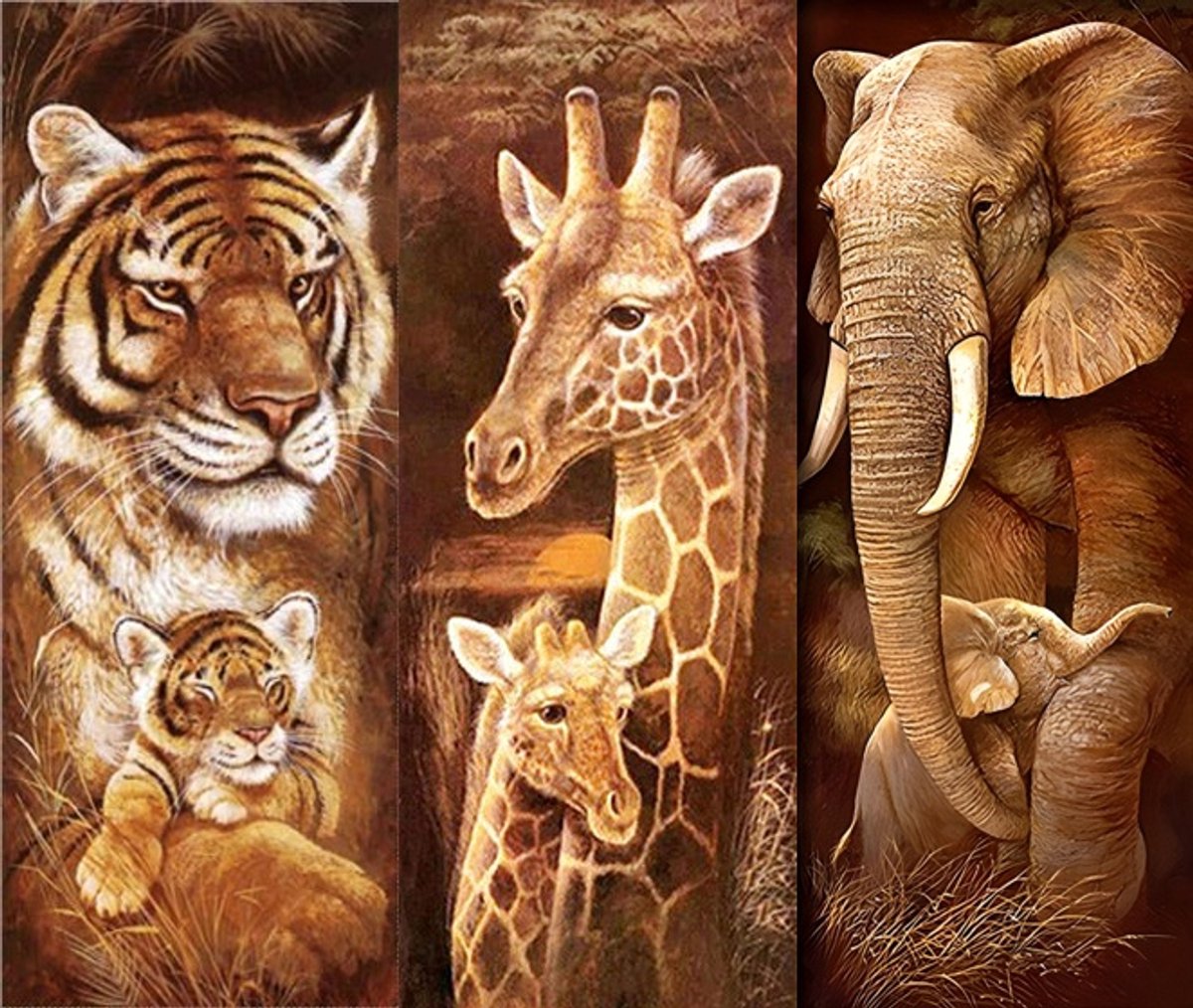 Diamond painting 3 luik - Giraffe, olifant en tijger - 3x 30x70cm - vierkante steentjes - volledig beplakt - Diamond painting by Wietske