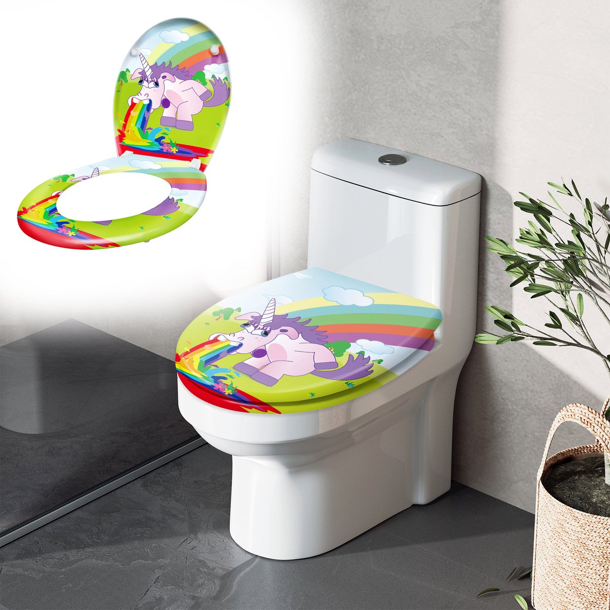 Aufun Toiletbril met Softclose - Regenboogpaard - 45 x 38cm - WC-Bril van MDF met Thermohardend Deksel