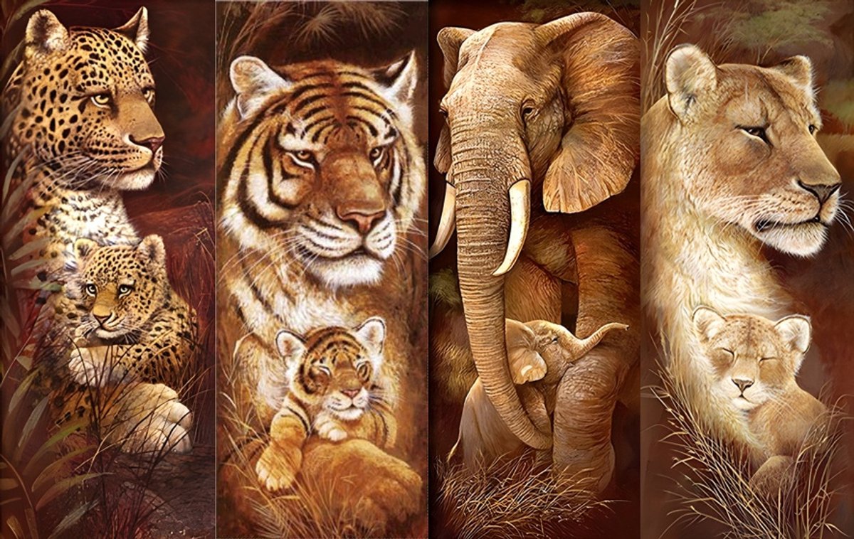 Diamond painting 4 luik - Leeuw, luipaard, olifant en tijger - 4x 30x70cm - vierkante steentjes - volledig beplakt - Diamond painting by Wietske