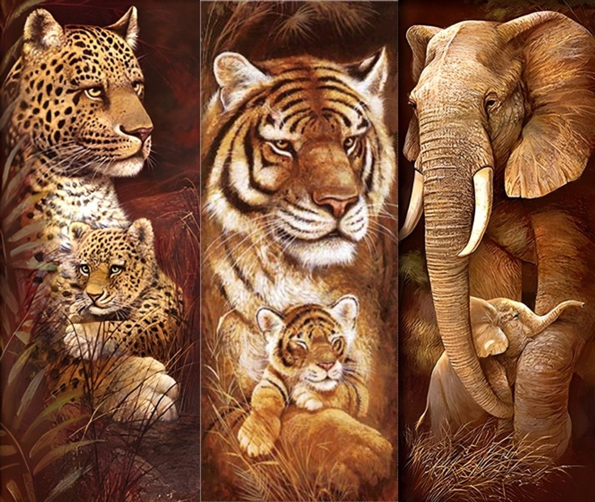 Diamond painting 3 luik - Luipaard, olifant en tijger - 3x 30x70cm - vierkante steentjes - volledig beplakt - Diamond painting by Wietske