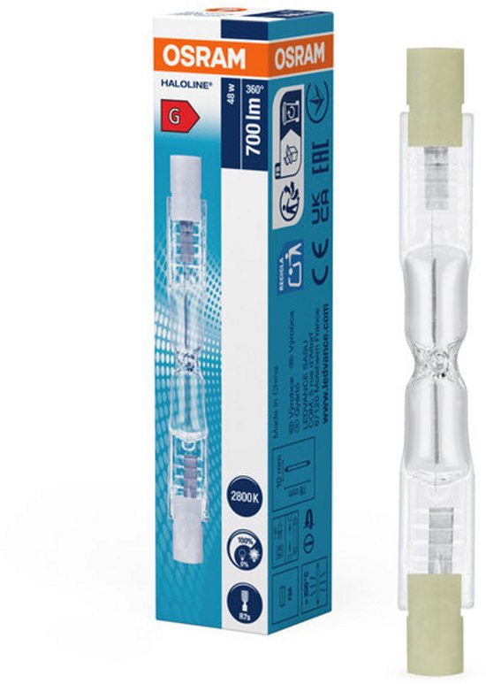 Osram Halolux 48W lamp met witte fittingen en zichtbaar gloeidraad. Verpakking toont OSRAM, 48W, 700 lm, 2800K.