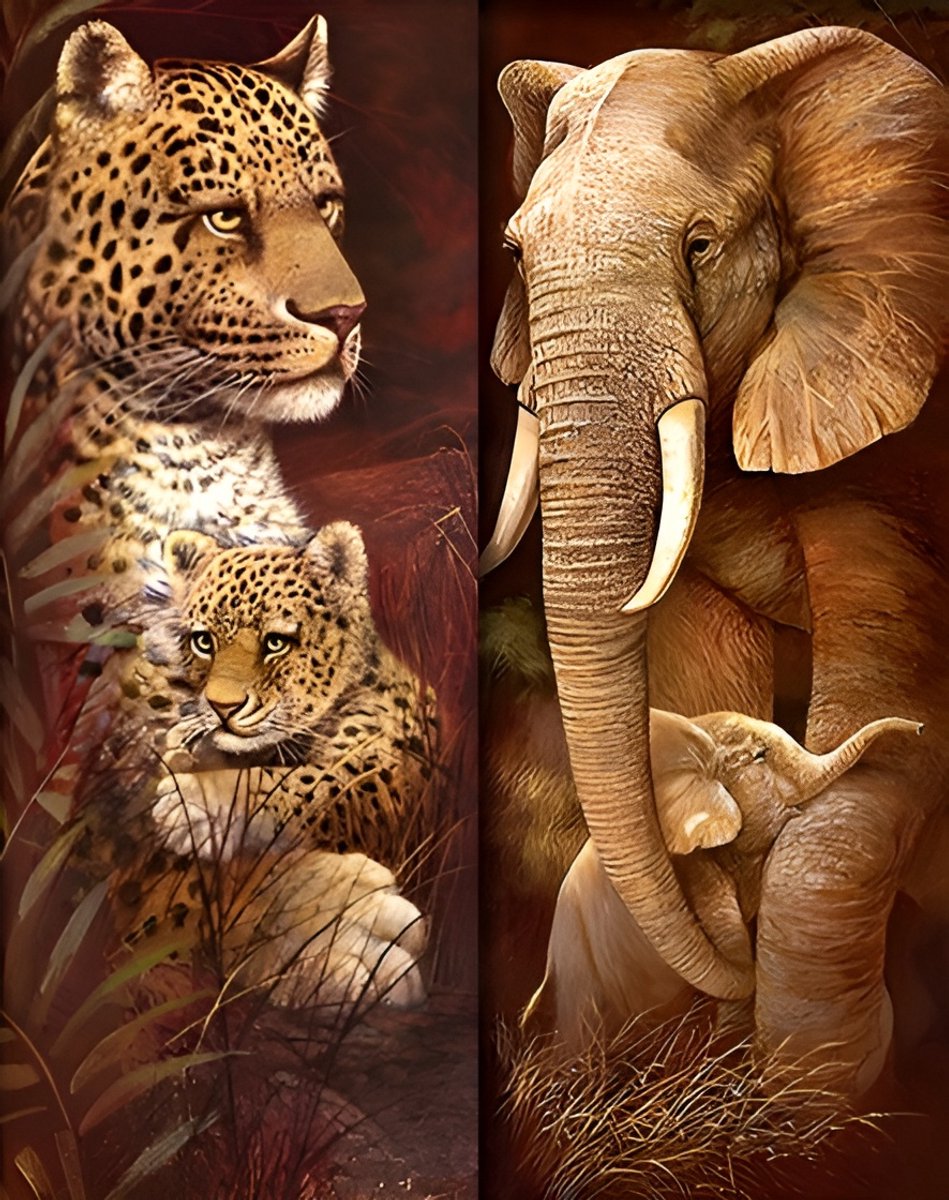 Diamond painting 2 luik - Luipaard en olifant - 2x 30x70cm - vierkante steentjes - volledig beplakt - Diamond painting by Wietske