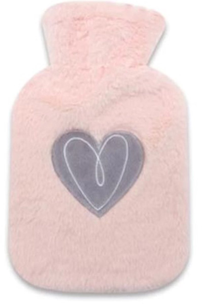Rojafit - Warmwaterkruik - Natuurrubber kruik - Cuddlesoft Pluche Hoes - 1 liter. - afmeting 17 x 27 cm. - Rose met Grijs Hart