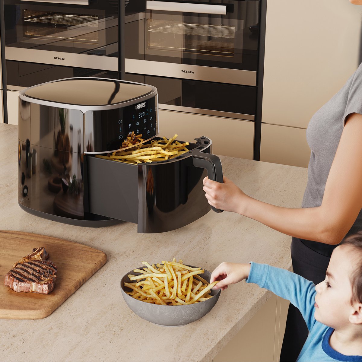Princess Digitale Airfryer XXL 182254 - 8 liter - Extra Groot - PFAS vrij - Heteluchtfriteuse - Inclusief in hoogte verstelbaar Grillrack - Digital Touchscreen - 8 Automatische Programma's - 1800W - Zwart — afbeelding 5