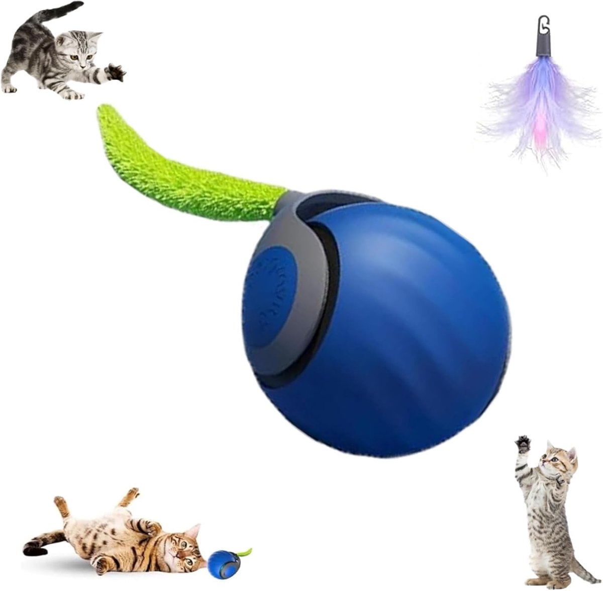 Slimme Interactieve Katten Speelgoed Bal - USB Oplaadbare Auto-Bewegende Bal met Wiebelende Staart en Obstakel Detectie, Tegen Verveling Binnenshuis（Blauw）