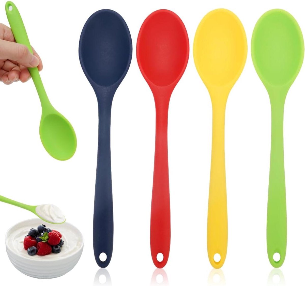 Lepelset van 4 stuks - Hittebestendig - Voedselveilig - BPA-vrij - Keukenlepel - Soeplepel - Serveerlepel - Bakken - Roeren - Geel - Groen - Rood - 21 cm