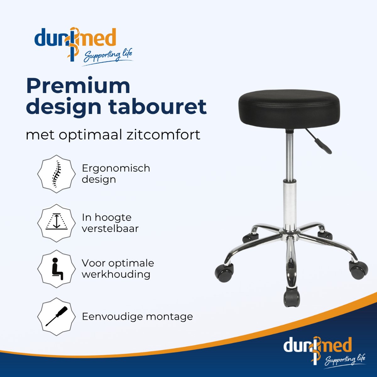 Dunimed Tabouret - Werkkruk met Wielen - Ergonomische Kruk - afbeelding 3