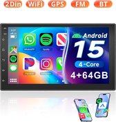 ESSGOO Autoradio 2Din Universeel - Android 15 - Apple Carplay & Android Auto (Draadloos) - 4+64GB - FM, Wifi, SWC - 7 Inch HD Touchscreen - GPS Navigatiesysteem