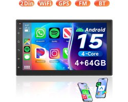 ESSGOO Autoradio 2Din Universeel - Android 15 - Apple Carplay & Android Auto (Draadloos) - 4+64GB - FM, Wifi, SWC - 7 Inch HD Touchscreen - GPS Navigatiesysteem