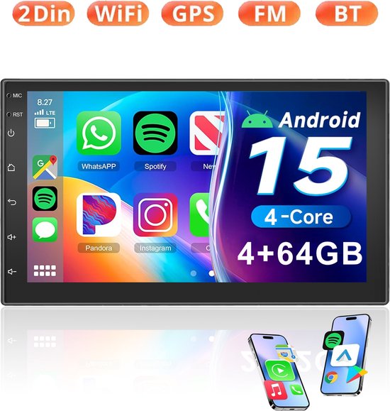 ESSGOO Autoradio 2Din Universeel - Android 15 - Apple Carplay & Android Auto (Draadloos) - 4+64GB - FM, Wifi, SWC - 7 Inch HD Touchscreen - GPS Navigatiesysteem