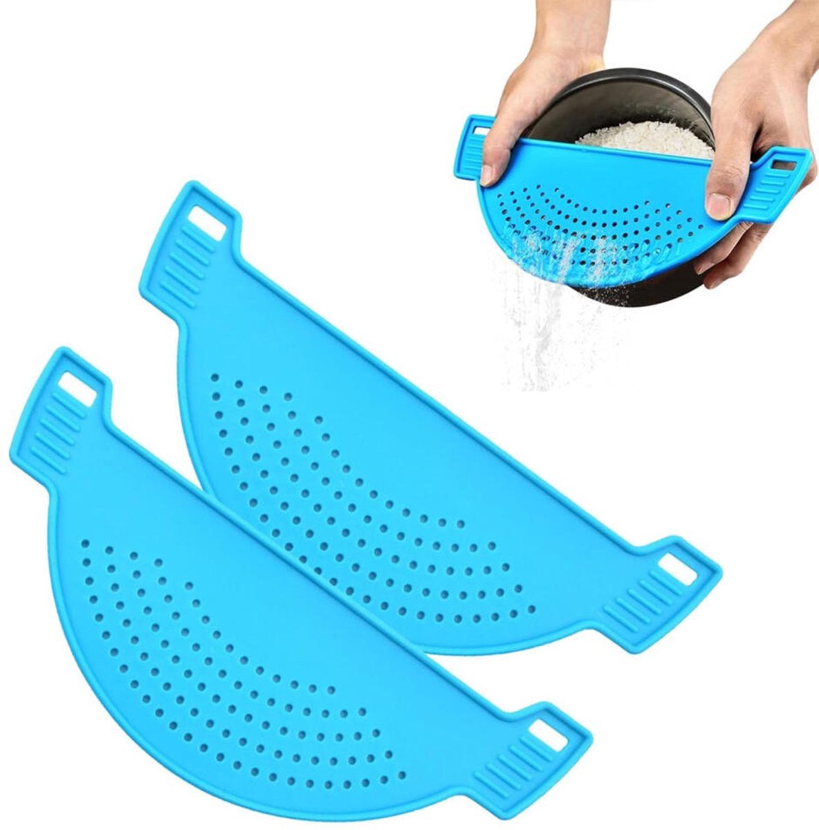 Afgiethulp - 2 Stuks - Vergiet - Afgietdeksel met handvaten - Makkelijk afgieten - Afgietdeksel - Afgieter - Veilig afgieten - Keuken zeef - Pannen Schenktuit - Blauw