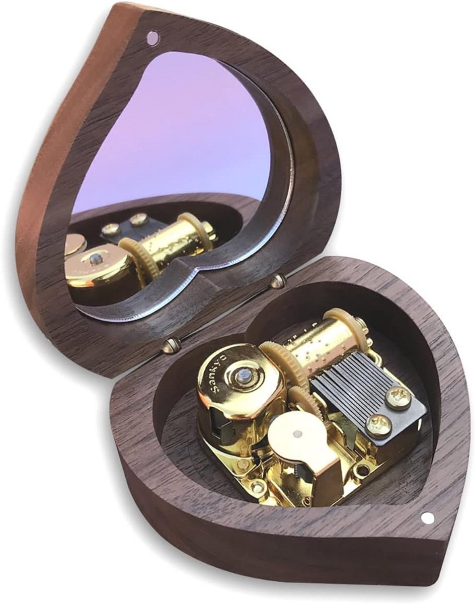 Houten Hartvormige Muziekdoos Met Draai-Slinger Mechanisme