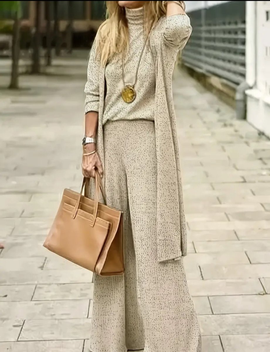 Dames 3-Delige Set Beige – Cardigan, Coltrui & Wijde Broek – Elegant & Comfortabel Maat XL