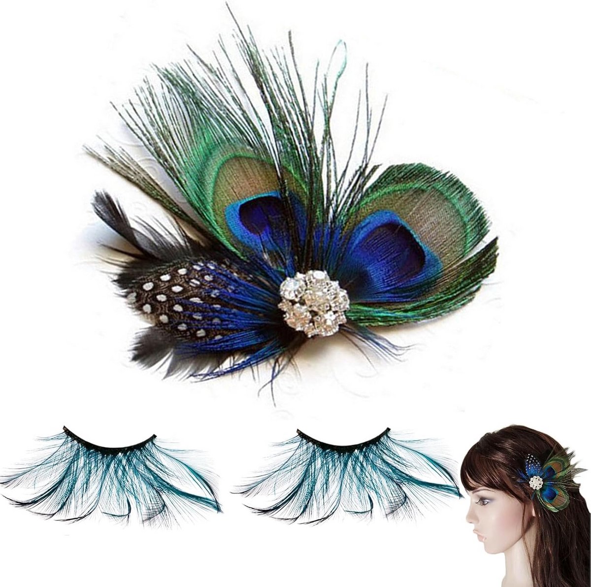Feestelijke Haaraccessoires: Pauwenveren Haarspeld met Wimpers en Strass Versiering