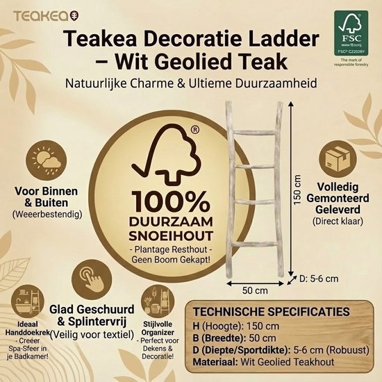 Teakea - Houten Decoratie Ladder Wit Geolied 50x5x150 cm - Decoratieve Handdoekladder