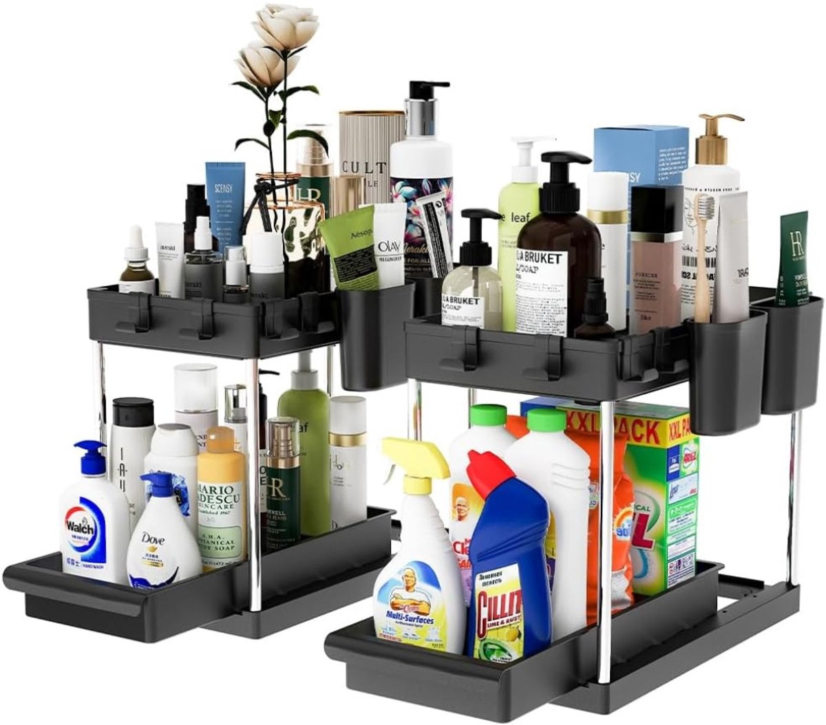 Famanu – Set van 2 organizers voor wastafel en keuken met uittrekbare lade - opbergmand - ruimtebesparend - 2 legplanken - rek onder de gootsteen - uittrekbaar rek (zwart)
