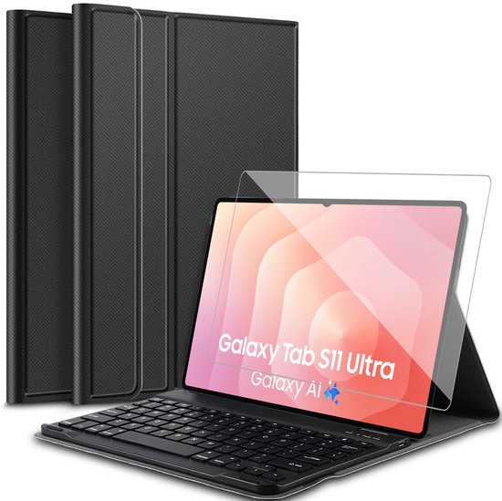 Een tablet met een toetsenbordhoes en schermprotector. Drie zwarte hoesjes staan op de achtergrond.
