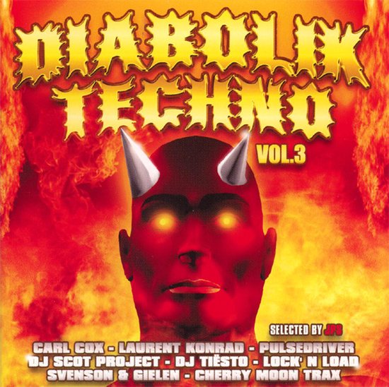 Albumhoes 'Diabolik Techno Vol. 3' met een rode duivelfiguur met hoorns tegen een achtergrond van vuur.