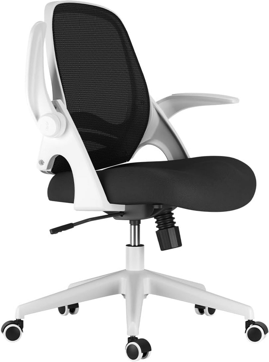 Ergonomische Bureaustoel Wit met Opklapbare Armsteunen, 360° Draaibaar en Compact