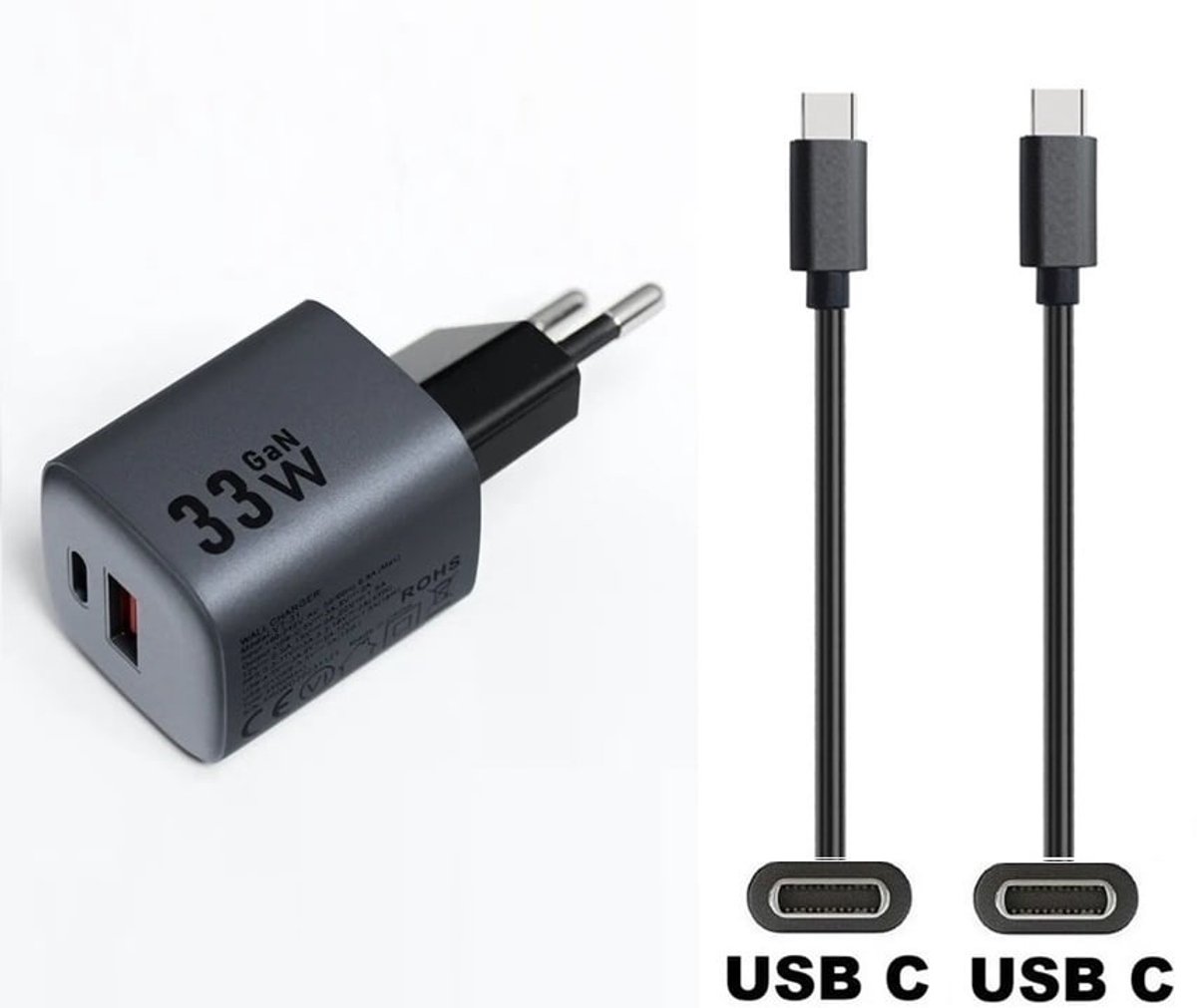 OneOne 33W snellader met 2 poorten + 2,0m sterke USB C naar C kabel. GAN lader. PD PPS oplader adapter past op Samsung Galaxy S10, S10e, S20, S21, S22, S23, S24, S25, S26 (Edge, FE, Lite, Plus +, Ultra)