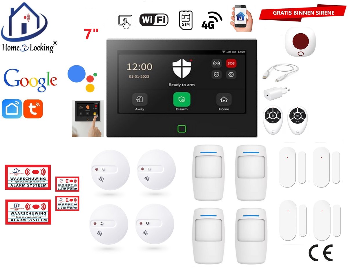 Draadloos / bedraad alarmsysteem met 7-inch touchscreen voor woning/camper/boot/caravan werkt met wifi en sim kaart en met spraakgestuurde apps. (Nederlands of Frans stem en tekst). ST01B-15