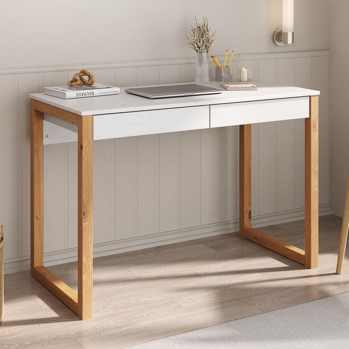 IDIMEX Bureau NOAH met 2 lades van massief hout – wit/eiken