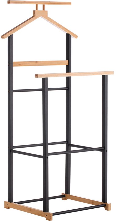 Kledingrek KANNA met houten kleerhanger en broekenrek, zwart metaal en bamboe.
