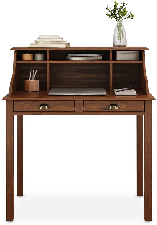 MARLENE secretaire met 2 laden en 6 vakken, kastanjekleurig - praktisch bureau met opbergruimte van massief hout, landhuisstijl - Frontaal