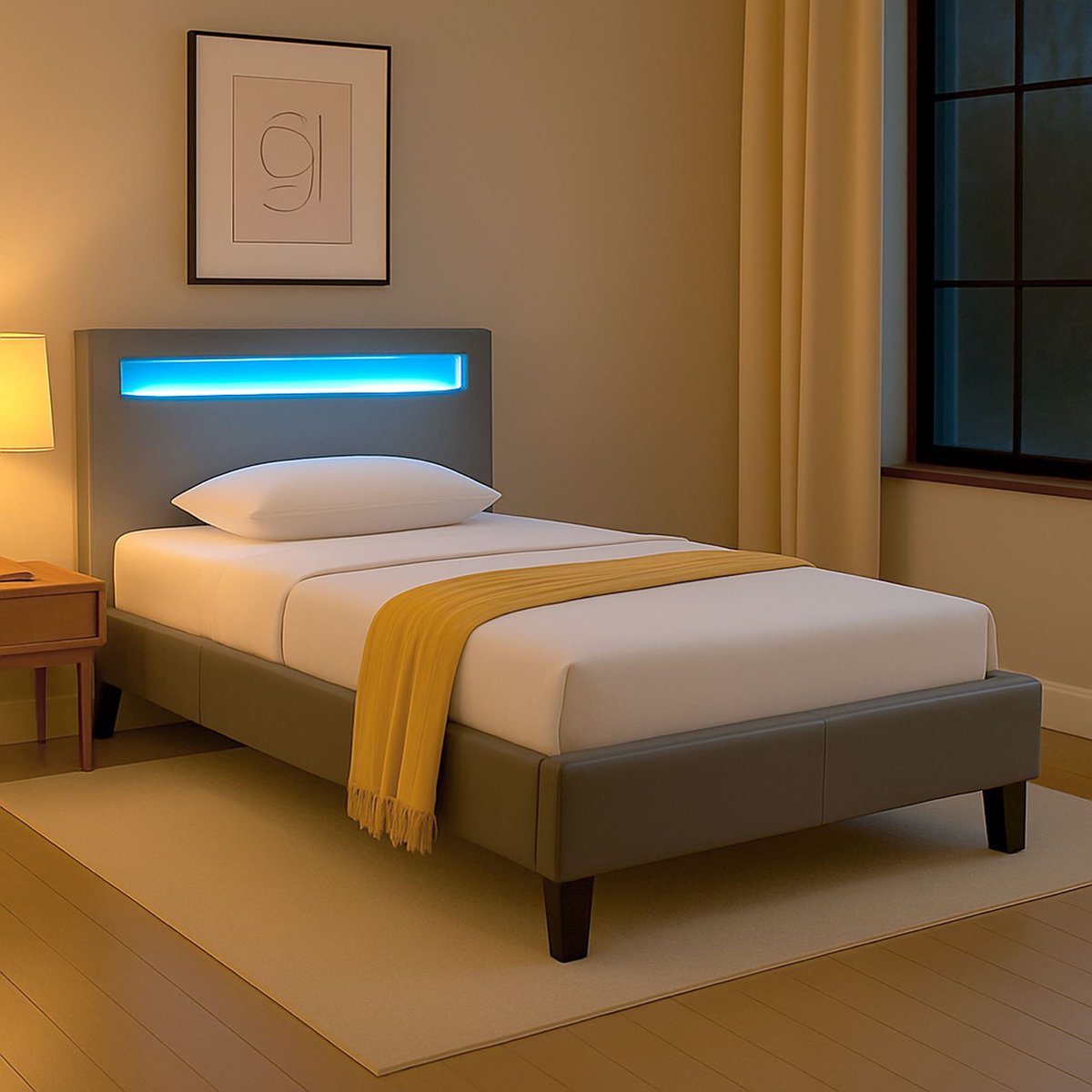 IDIMEX Gestoffeerd bed MANDALAY 90x200 cm incl. led-verlichting, kunstleer - grijs