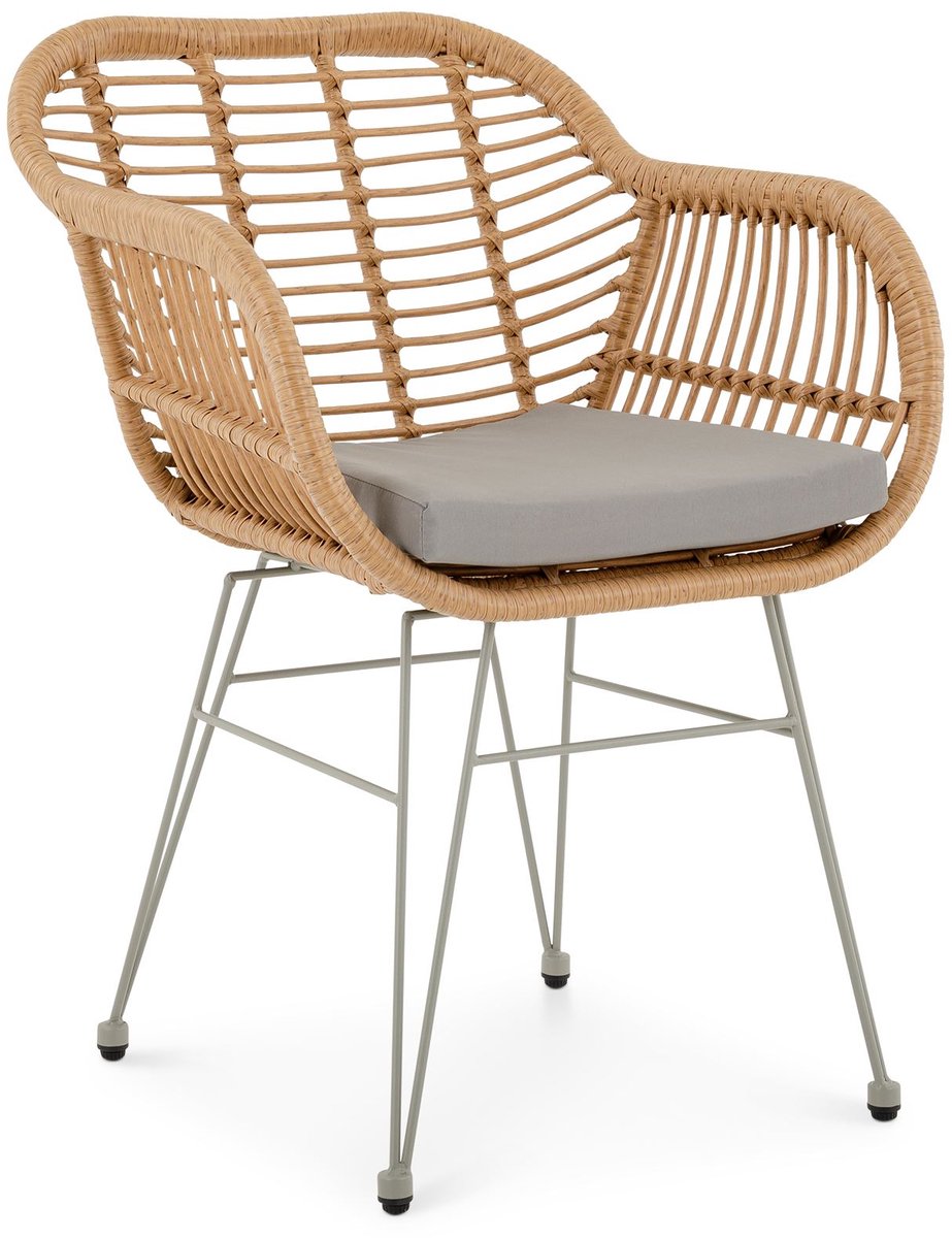 PARAMO tuinstoel van polyrattan, bruin/grijs - moderne eetkamerstoel in rotanlook, keukenstoel met zitkussen, rieten stoel met stevig metalen frame