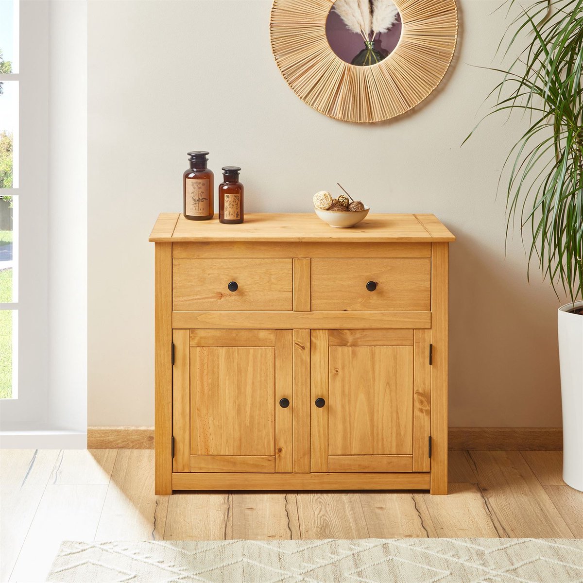 Commode CANCUN met 2 laden en deuren in modern design, massief grenen
