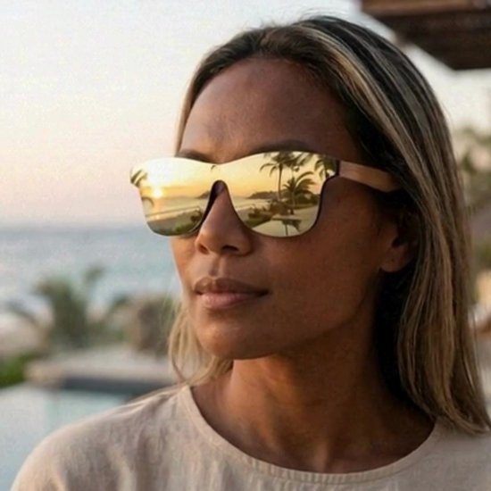 Lunettes de soleil sans monture FLAMENGO - Lunettes de soleil - Festival - Sport - Sports d'hiver - Plage - Lunettes de soleil de ski - UV400 - Polarisées - Convient aux femmes / hommes - Design élégant - Zwart avec pieds en bois - incl.