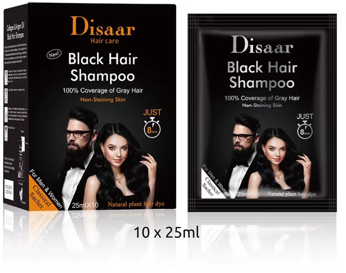 Zwarte Haarverf Shampoo met Collagen & Argan Oil (10 x 25 ml) – 10 Minutes Hair Shampoo Black – Black Hair Shampoo – Instant Hair Dye Natural Black