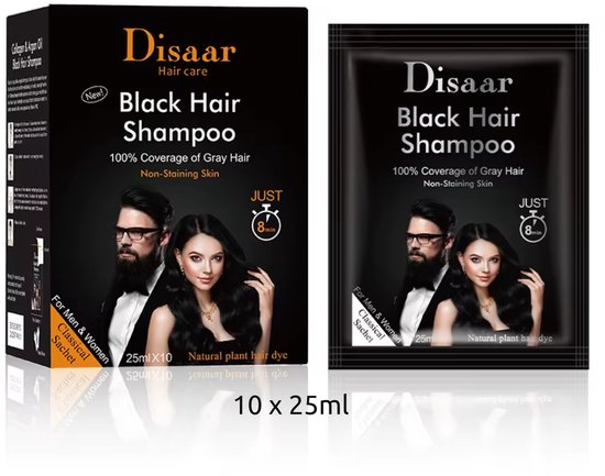 Disaar Black Hair Shampoo: 100% grijsdekking, niet-vlekkend. Bevat 10 zakjes van 25ml. Afbeelding toont model met man en vrouw.