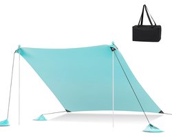 KOMFOTTEU Strandtent, 3 x 3 m, zonnetent voor 4-8 personen, zonnezeil, strand met zonwering, zandzakken, 2 aluminium stangen, draagtas, schaduwzeil voor camping, picknick, vissen, turquoise