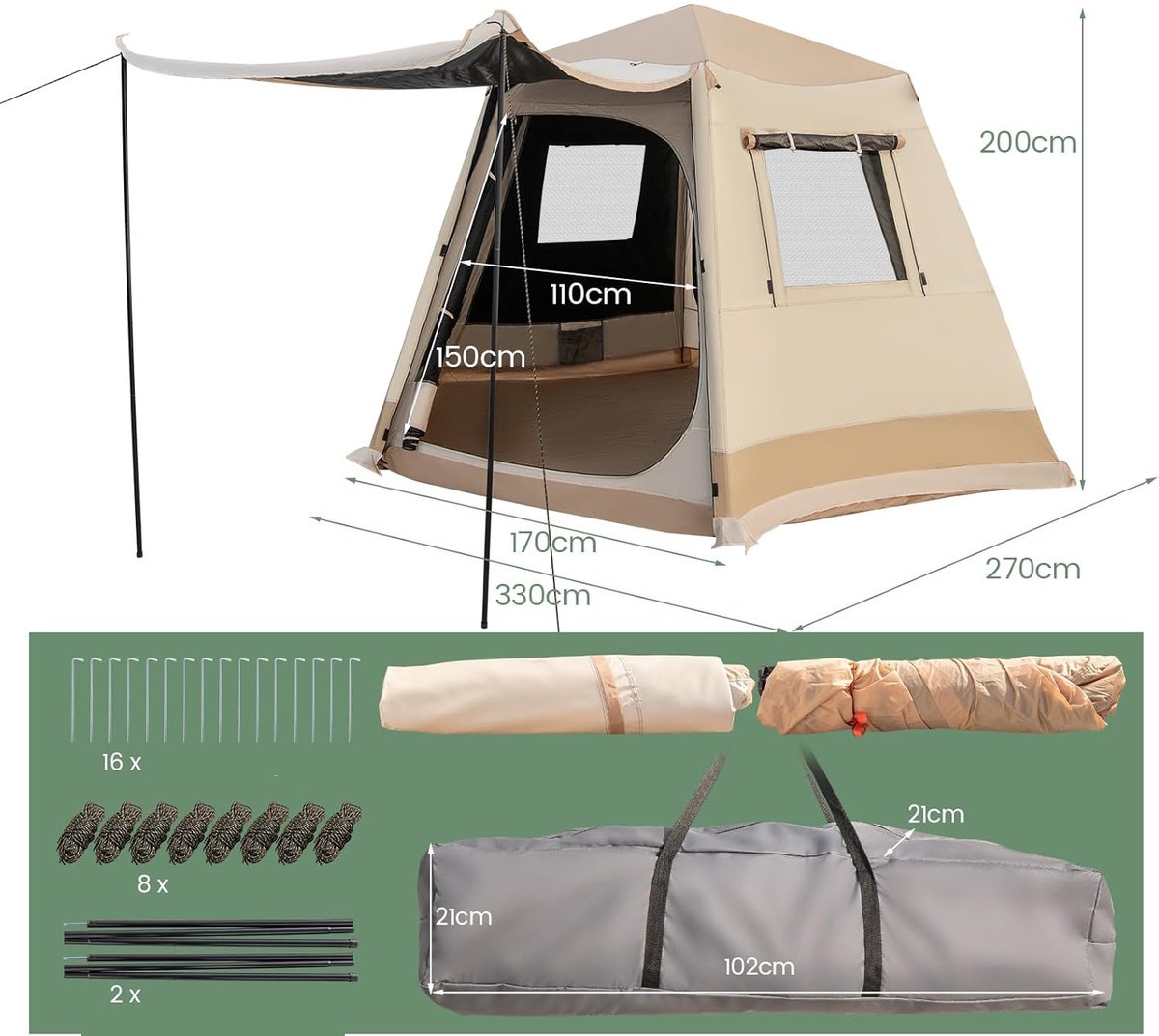 KOMFOTTEU Campingtent, waterdicht, voor 4-6 personen, automatische werptent met 2500 mm waterkolom, werptent met voortent, tas, 2 ingangen en 4 ramen, pop-uptent, onmiddellijke tent voor reizen en – foto 5