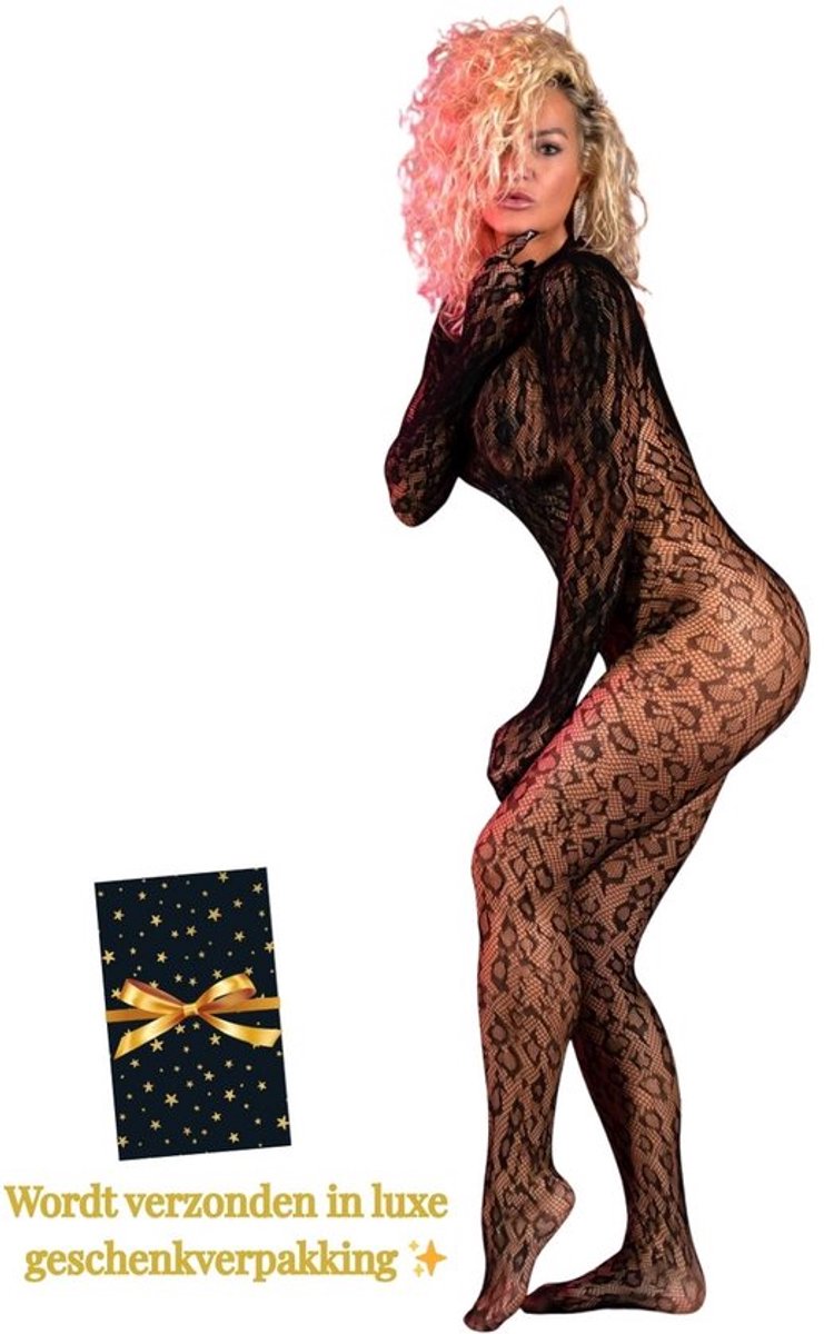 Sexy Lingerie – Erotische Catsuit – Lingerie Erotisch – Lingerie Sexy Setje – Luipaardpatroon & Kant – Open Rug – Dames lingerie – Erotische verleidelijke Bodystocking – Kinky – One Size