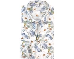 OLYMP Level 5 body fit overhemd - mouwlengte 7 - dobby - wit met blauw en bruin bloemen dessin - Strijkvriendelijk - Boordmaat: 40