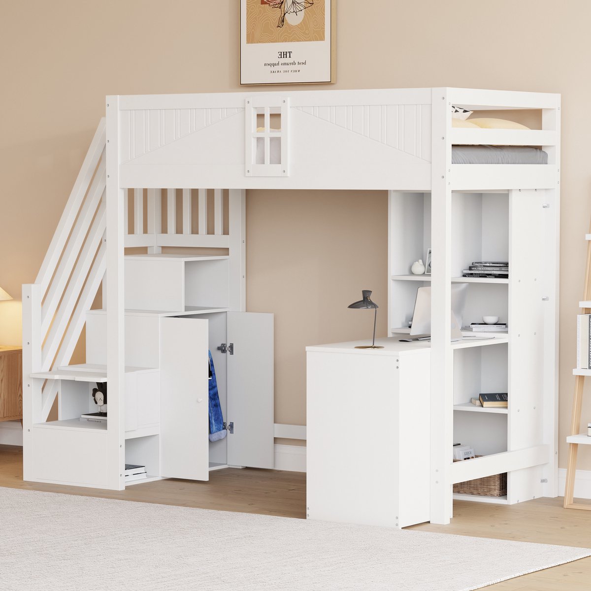 Wishdor Hoogslaper 90x200 cm – Bureau & Opberglades & Kasten – Omkeerbare Opbergladder – Hout Wit – Hoogslaper met Omkeerbare Opbergladder