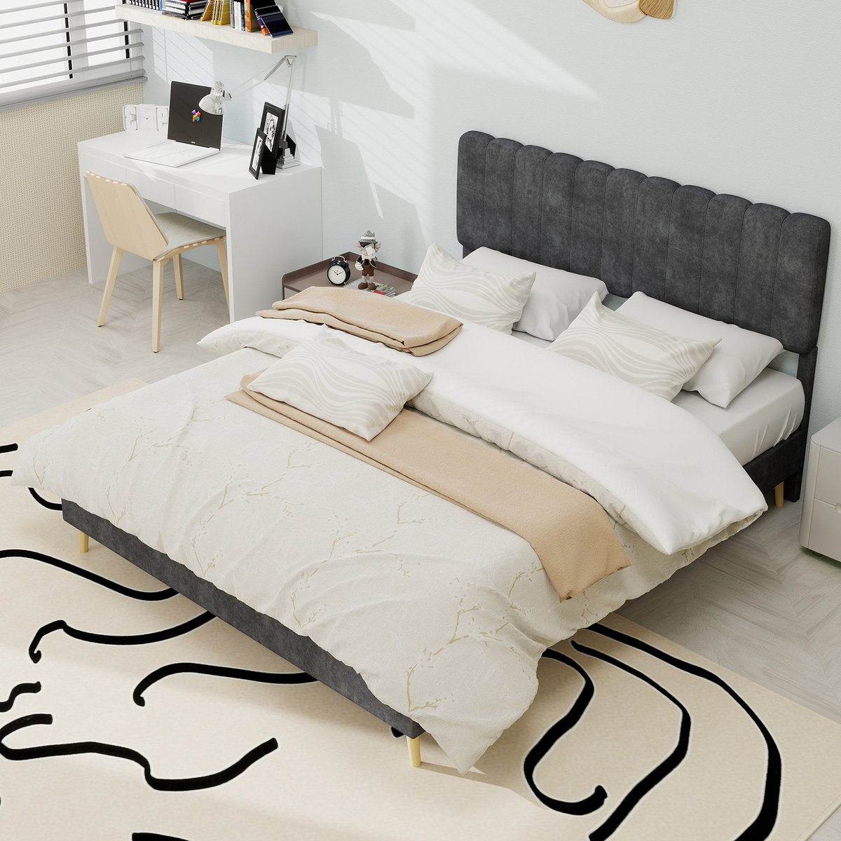 OKWISH Gestoffeerd Bed 140x200cm – Zacht Hoofdbord – Stabiel Metalen Frame – Laag Platform – Zonder Opbergruimte – Zonder matras – Grijs
