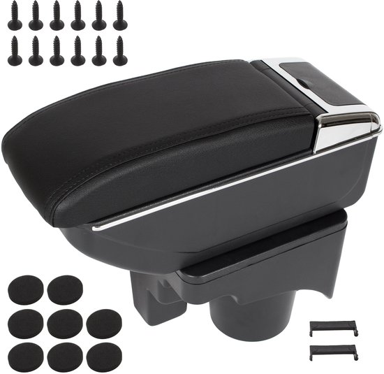 Zwarte auto armsteun met zilverkleurige accenten. Bevat schroeven en ronde kussentjes.