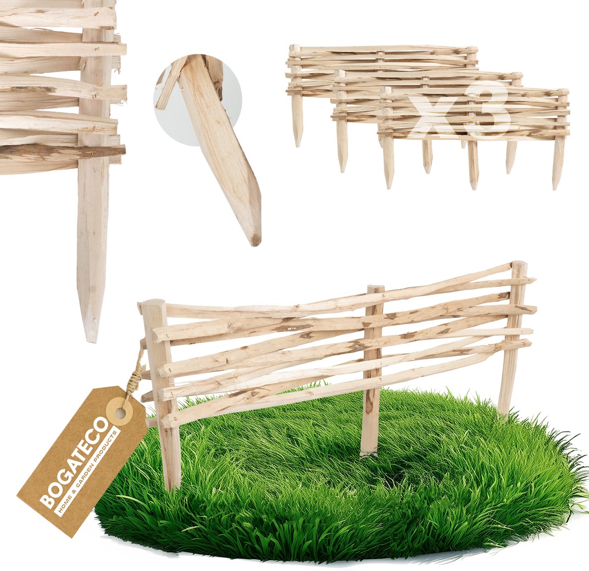 BOGATECO Hazelnoot Insteekhek Set van 3 - 90 x 20 cm - Tuinhek & Bedborder - Natuurlijk Pikethekwerk - Natuurlijk