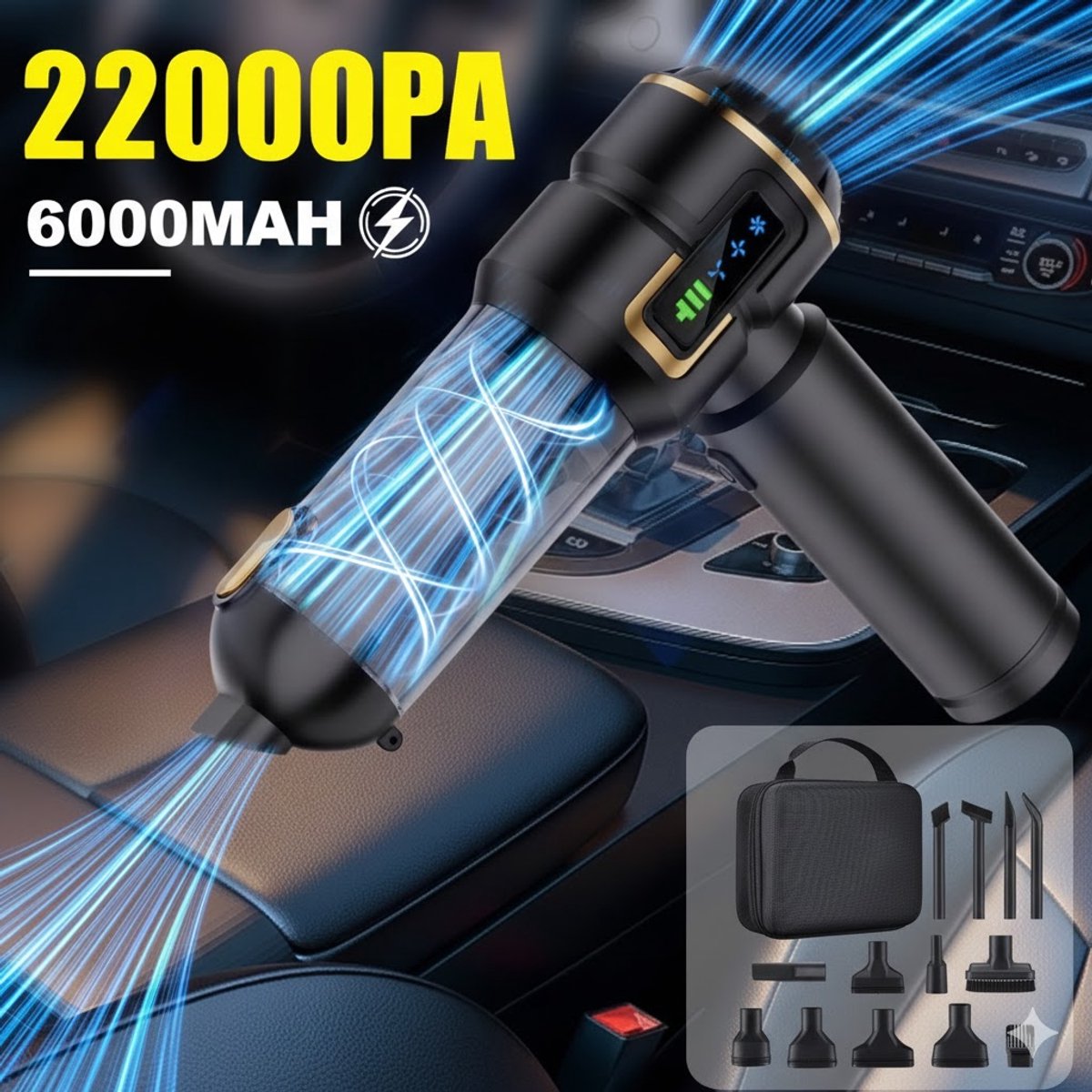 Draadloze 4-in-1 Handstofzuiger met Extra Sterke 22.000 PA Zuigkracht voor Auto en Thuis